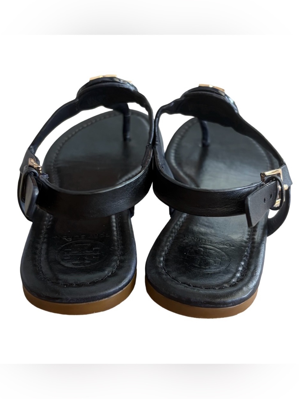 Tory Burch Black Leather Thong Sandals with Gold Logo Accent - Picture 7 of 14